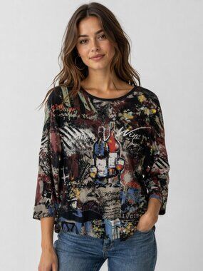 Jess & Jane Wine Graphic Top Women Medium Artsy Bistro Italy Print USA Indie
